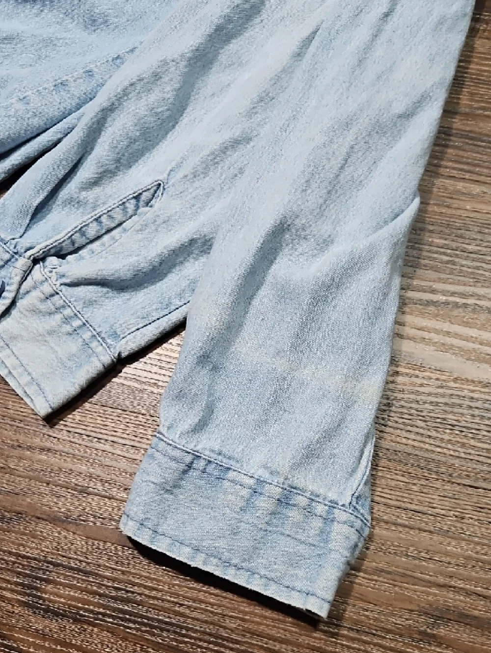 Vintage Light Wash Denim Button-Down Shirt with Cardinal Embroidery, Size Large - Picture 12 of 13